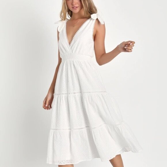 Lulus Dresses & Skirts - Lulus Madrid Magic White Eyelet Tie-Strap Midi Dress With Pockets